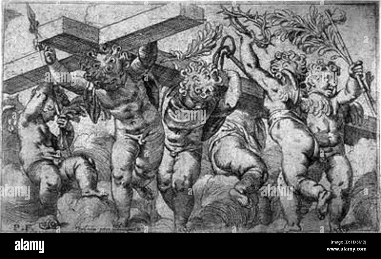 'Orazio Farinati’s 'Angeles con los instrumentos de la Pasión' is an engraving housed in the Museo de Bellas Artes de San Francisco, showcasing angels with the instruments of the Passion. Stock Photo