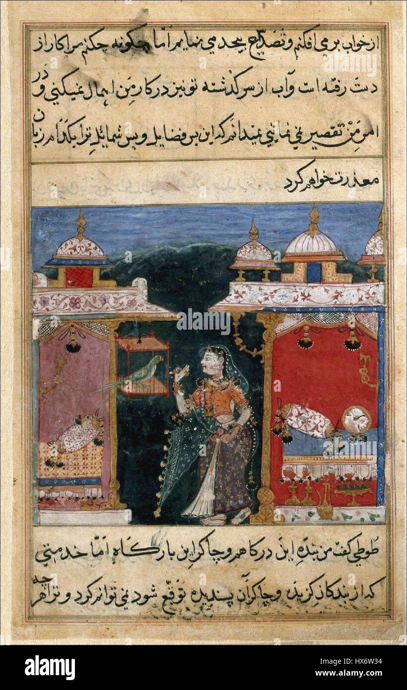 The Parrot Addresses Khojasta at the Beginning of the Seventh Night, Tuti Nama, ca. 1570, Cleveland Museum of Art Stock Photo