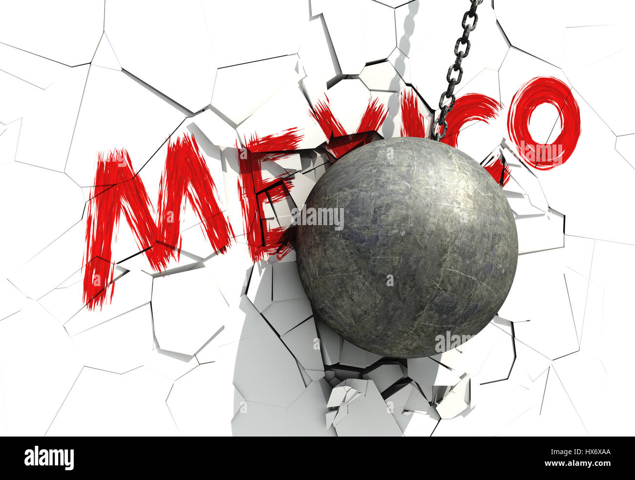 Metallic Wrecking Ball Shattering White Wall With Red Inscription . 3D Illustration. Stock Photo