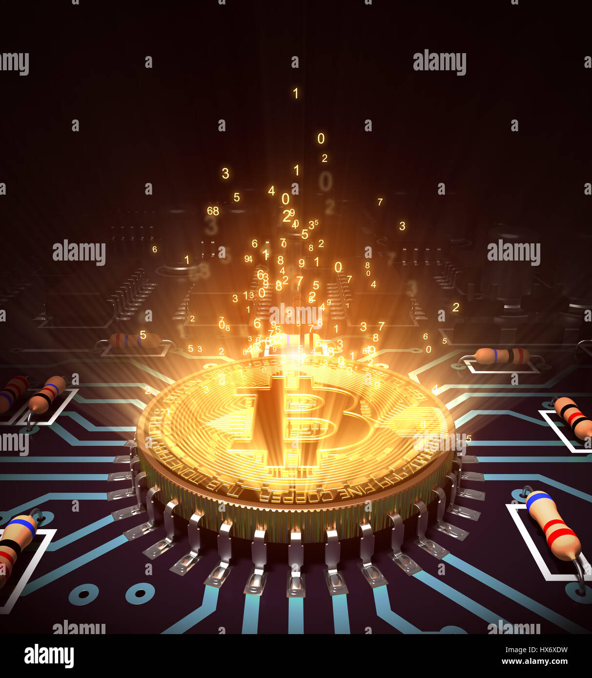 Concept Of Bitcoin Like A Computer Processor With Magic Digital Light. 3D Illustration. Stock Photo