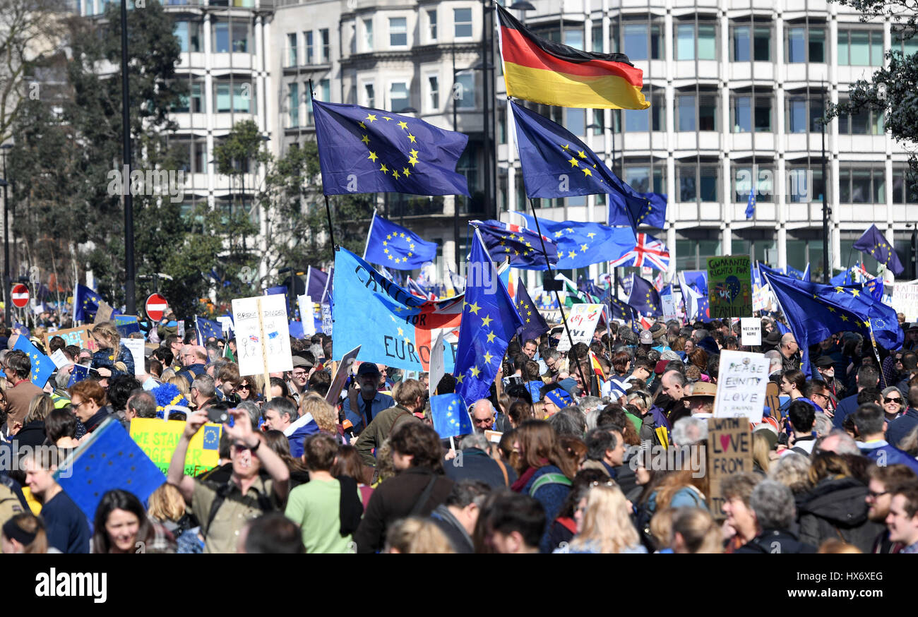 Pro-EU protesters take part in a March for Europe rally against Brexit beginning in Park Lane in central London. Stock Photo