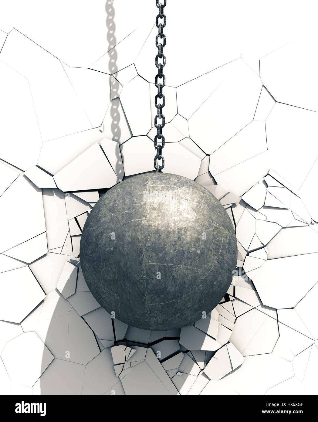 Metallic Wrecking Ball Shattering White Wall. 3D Illustration. Stock Photo