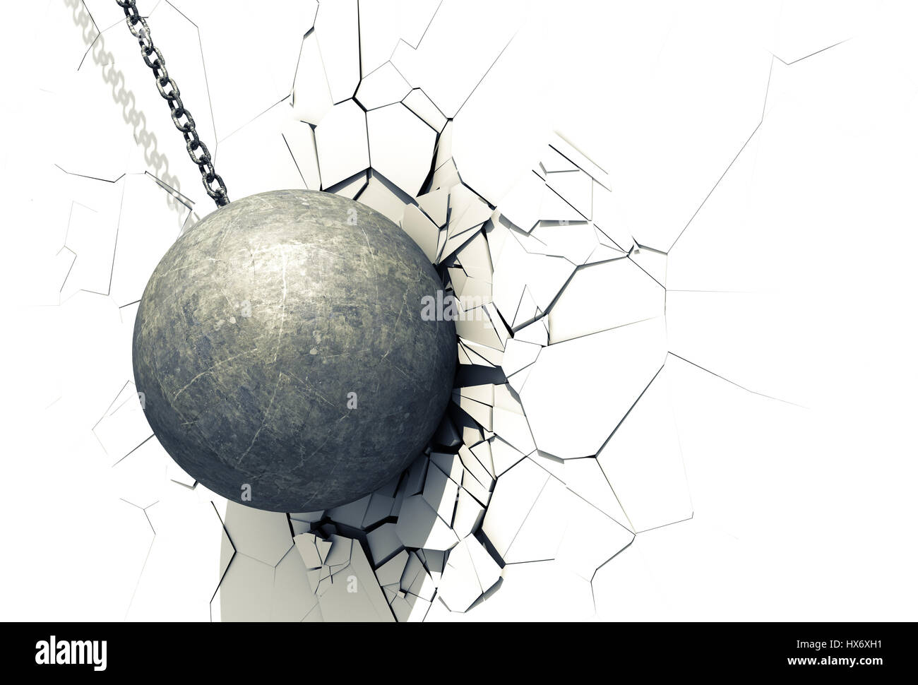 Wrecking Ball Shattering The White Wall. 3D Illustration. Stock Photo
