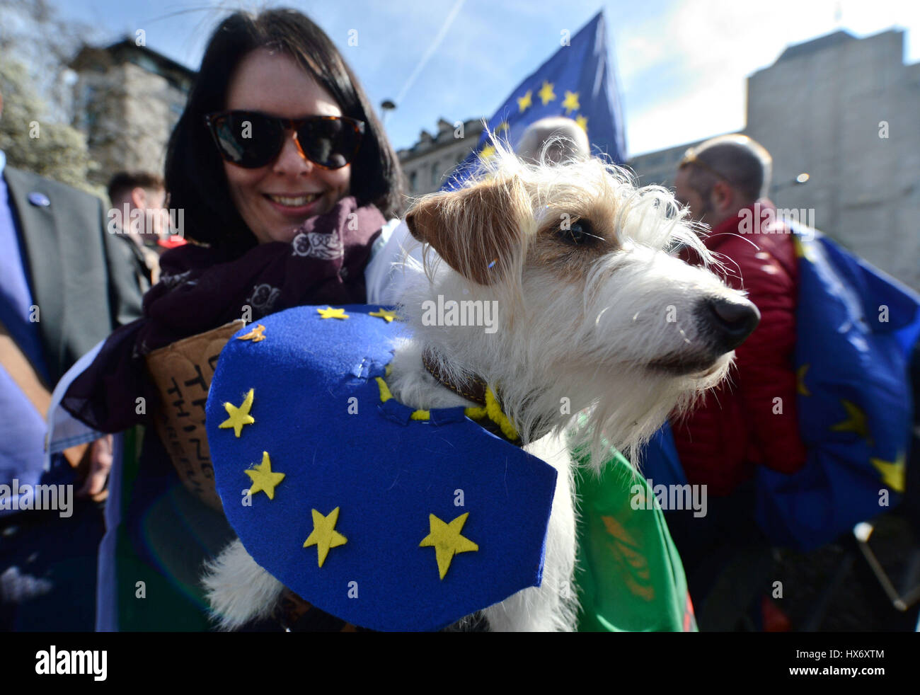 A dog is carried by a pro-EU protester taking part in a March for Europe rally against Brexit in central London. Stock Photo