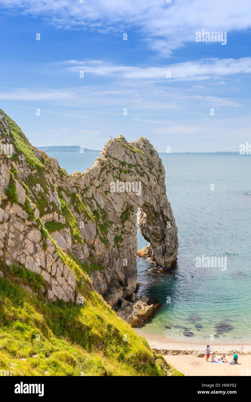 The natural limestone arch known as Durdle Door viewed from the long distance South West Coast Path on the Jurassic Coast, Dorset, England Stock Photo