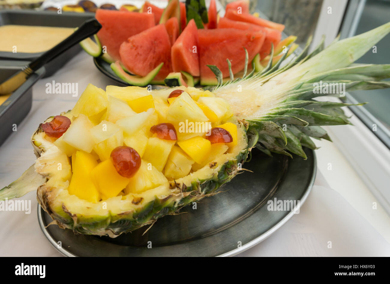 Fruit salad pineapple water melon Stock Photo Alamy