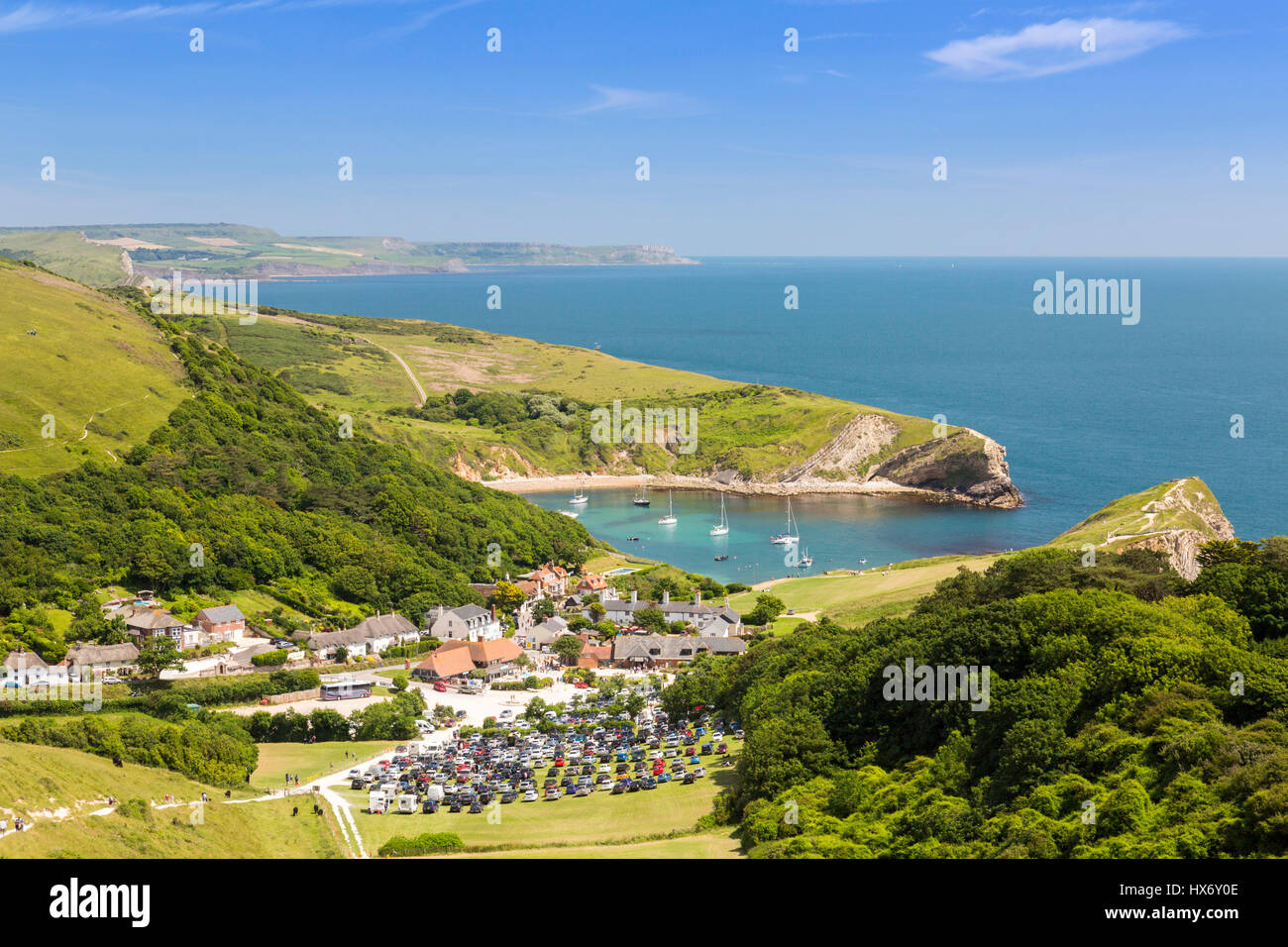 Approaching Lulworth Cove from the long distance South West Coast Path on the Jurassic Coast, Dorset, England Stock Photo