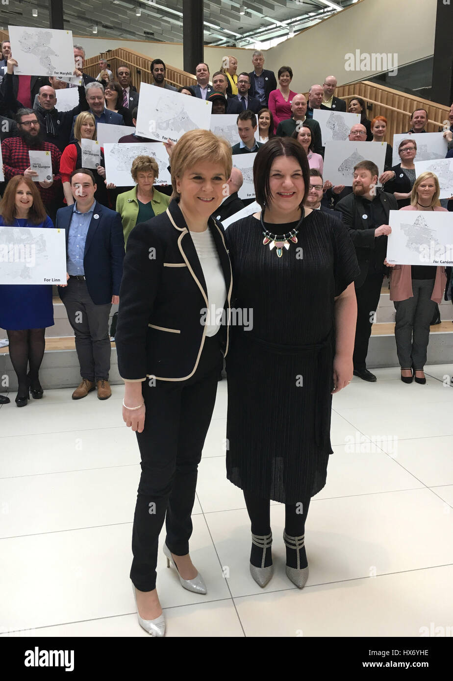 BEST QUALITY AVAILABLE First Minister Nicola Sturgeon (left)and Glasgow SNP group leader Susan Aitken pose with candidates in Glasgow at the party's manifesto launch for the city in the forthcoming council elections. Stock Photo
