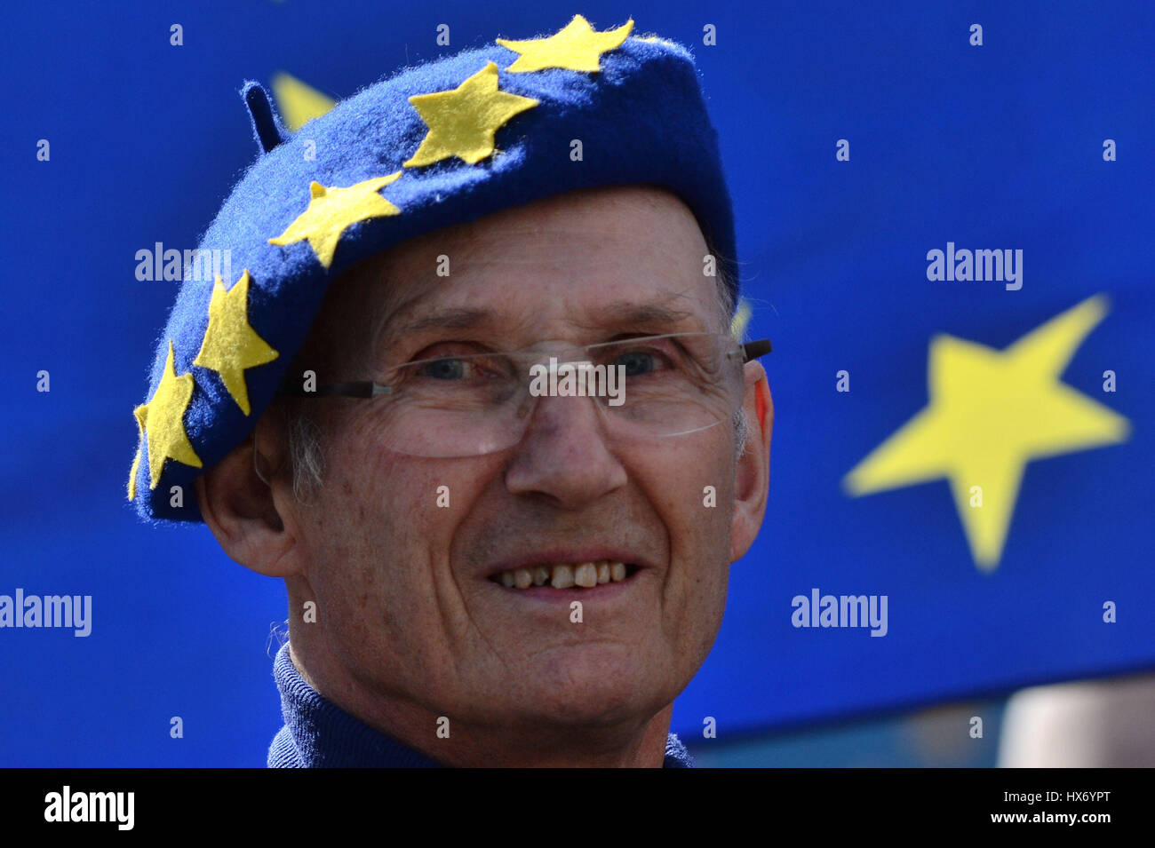 A pro-EU protester taking part in a March for Europe rally against Brexit in central London wears a blue beret with stars symbolising the European Union. Stock Photo