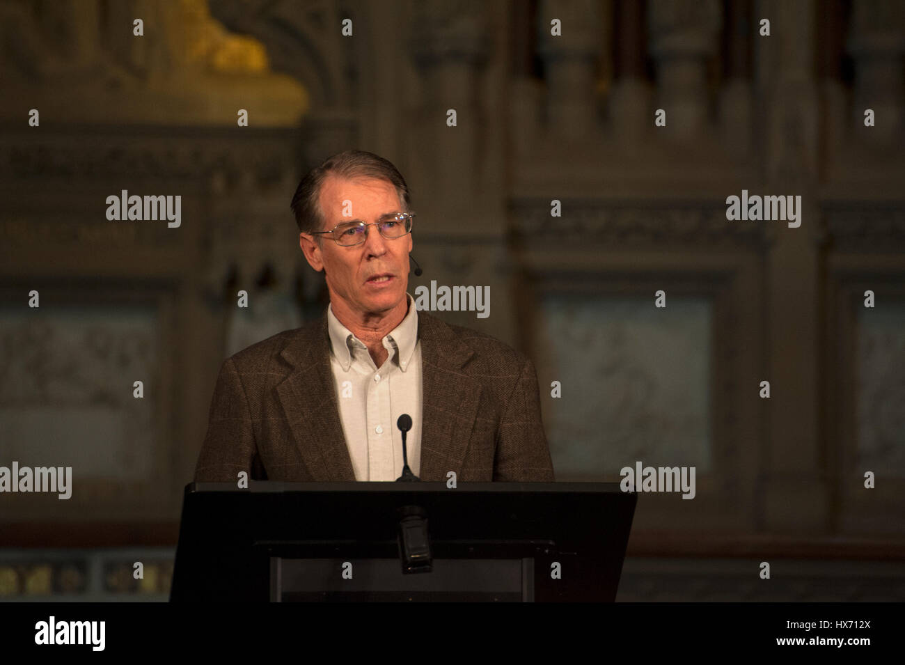 Kim Stanley Robinson, an award-winning writer of science fiction, talking at Trinity Church about his newest book, “New York 2140” during a conference Stock Photo