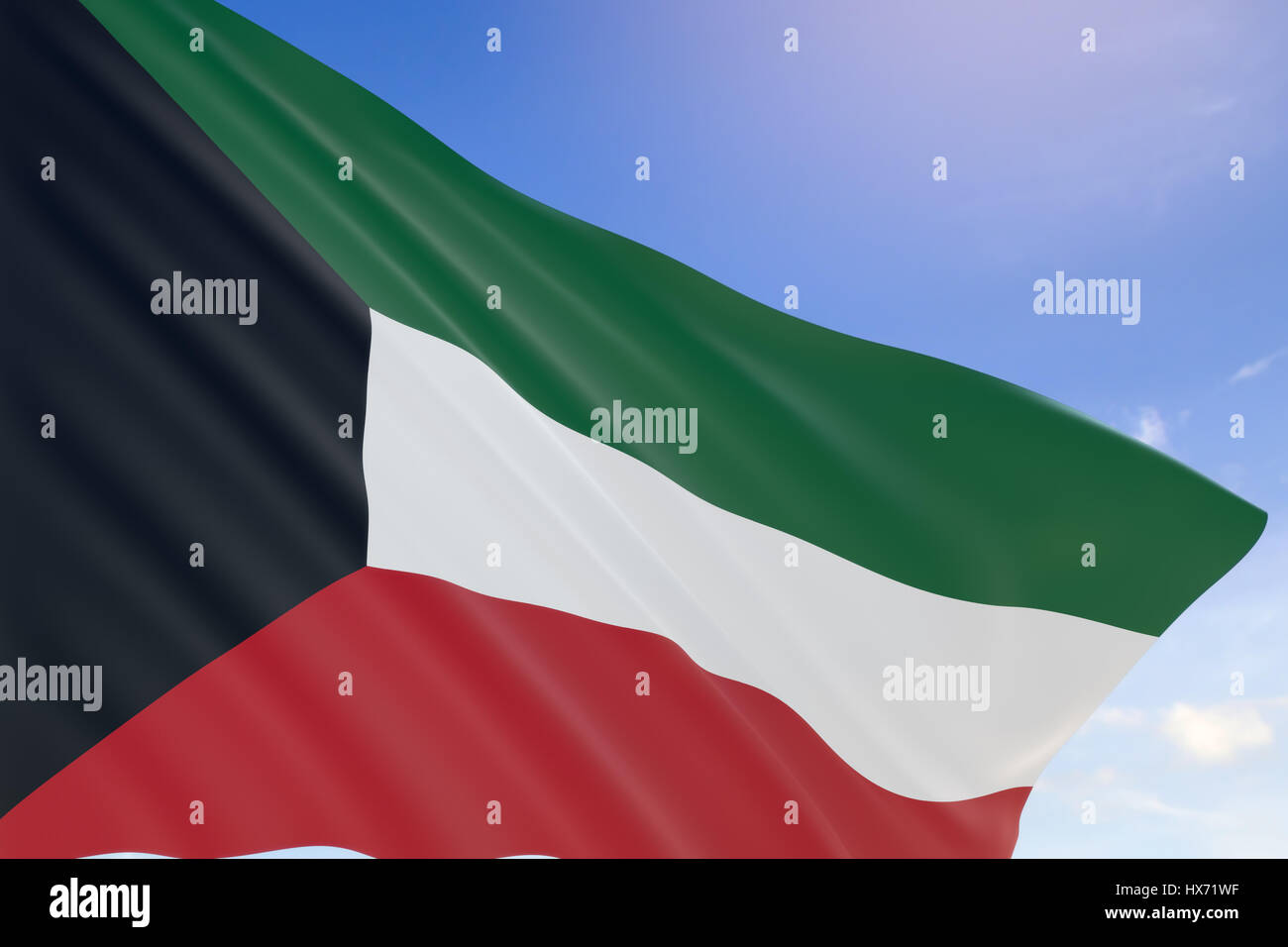 3D rendering of Kuwait flag waving on blue sky background, National Day. marks the creation of Kuwait as a nation in 1961 Stock Photo