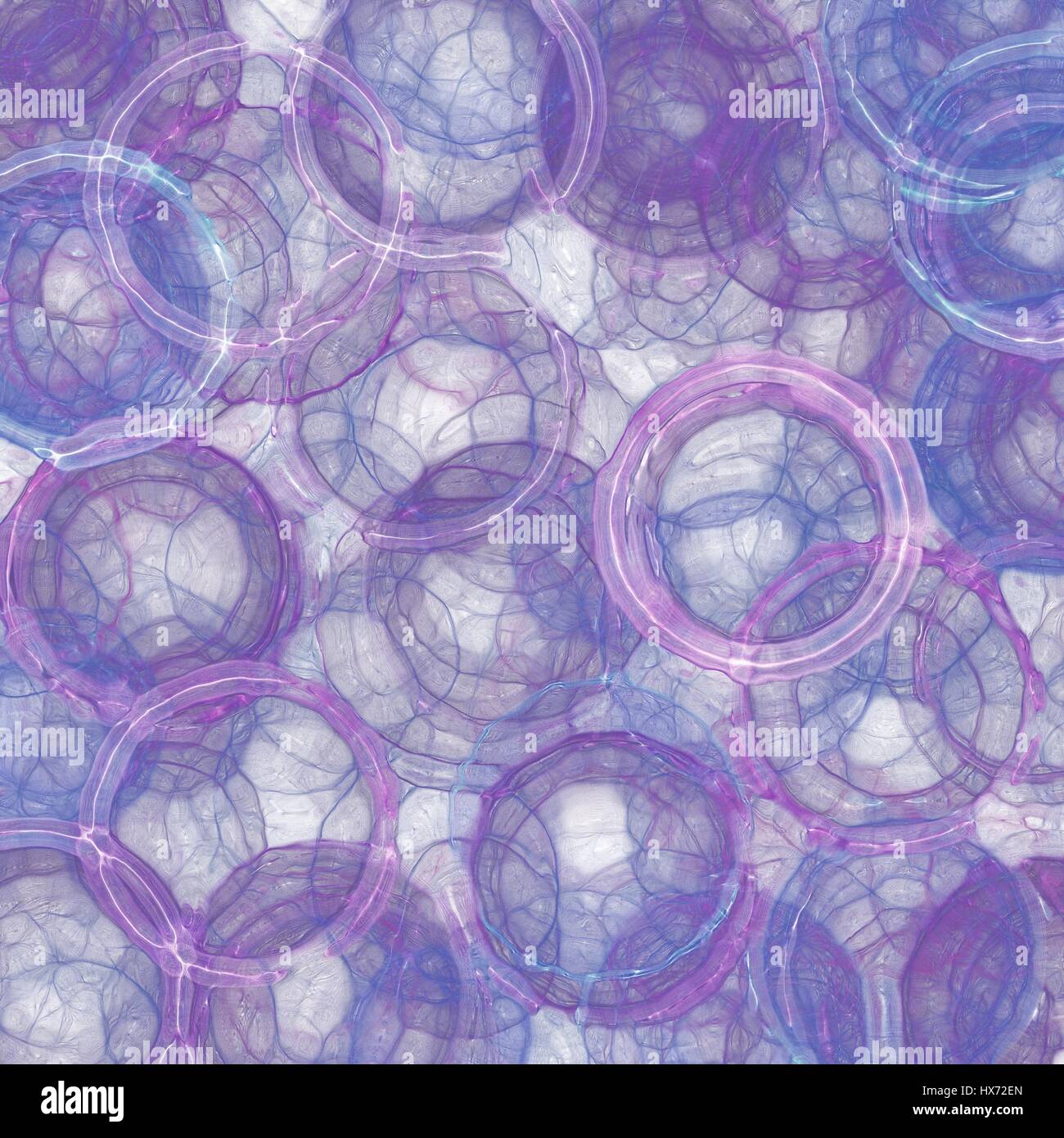 abstract stained glass textured blue and purple background, rings and circle shapes in random pattern Stock Photo