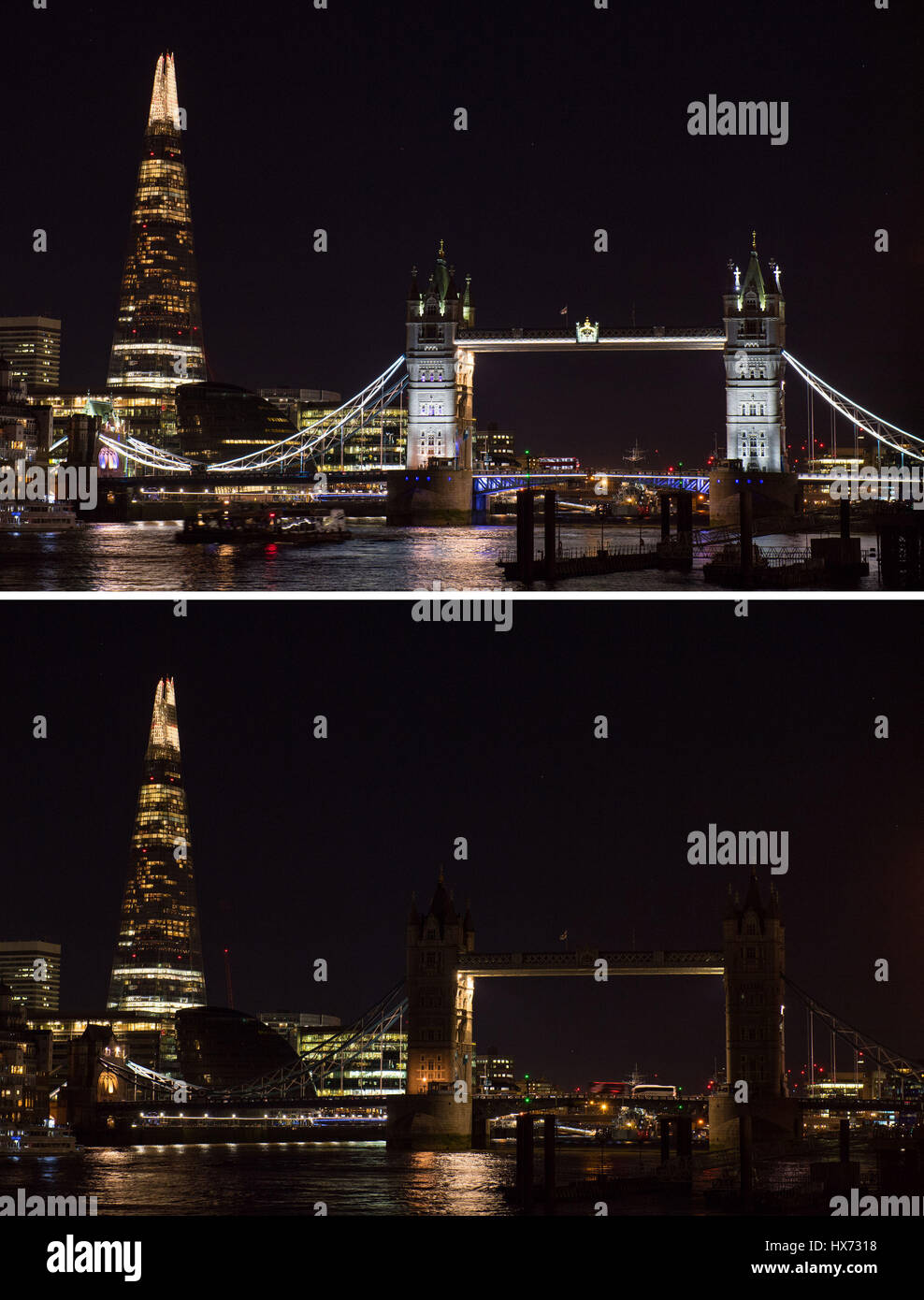 Tower Bridge in central London before and after it switched off its
