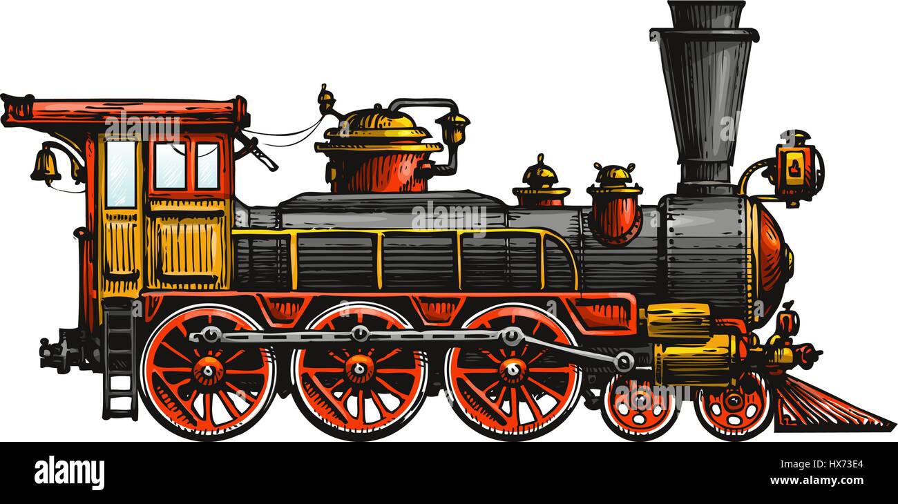 Vintage steam locomotive. Drawn ancient train, transport. Vector illustration Stock Vector