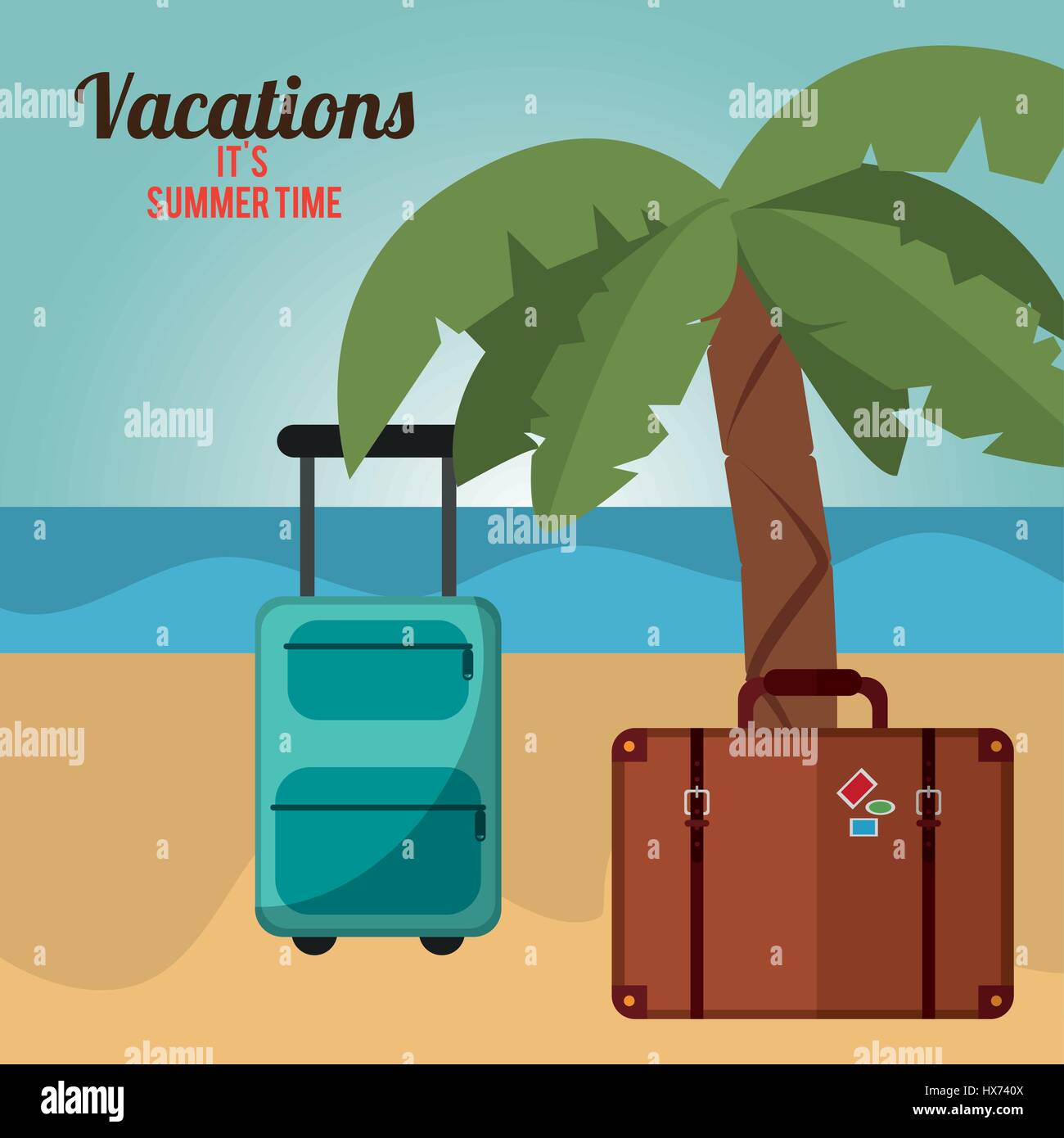 vacations summer time palm tree bagagge beach Stock Vector