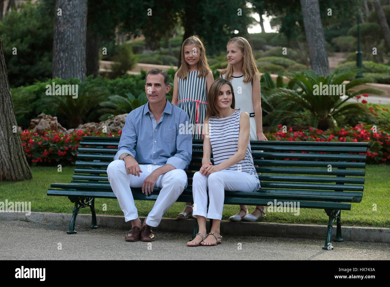 Spain Royal family King Felipe and Queen Letizia with princesses Leonor (white dress) and Sofia pose at Marivent Palace gardens Stock Photo