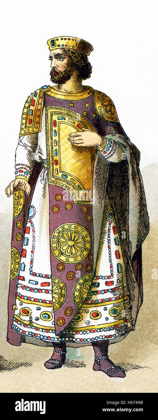 The illustration here highlights a Byzantine emperor between 800 and 1000 A.D. The illustration dates to 1882. Stock Photo
