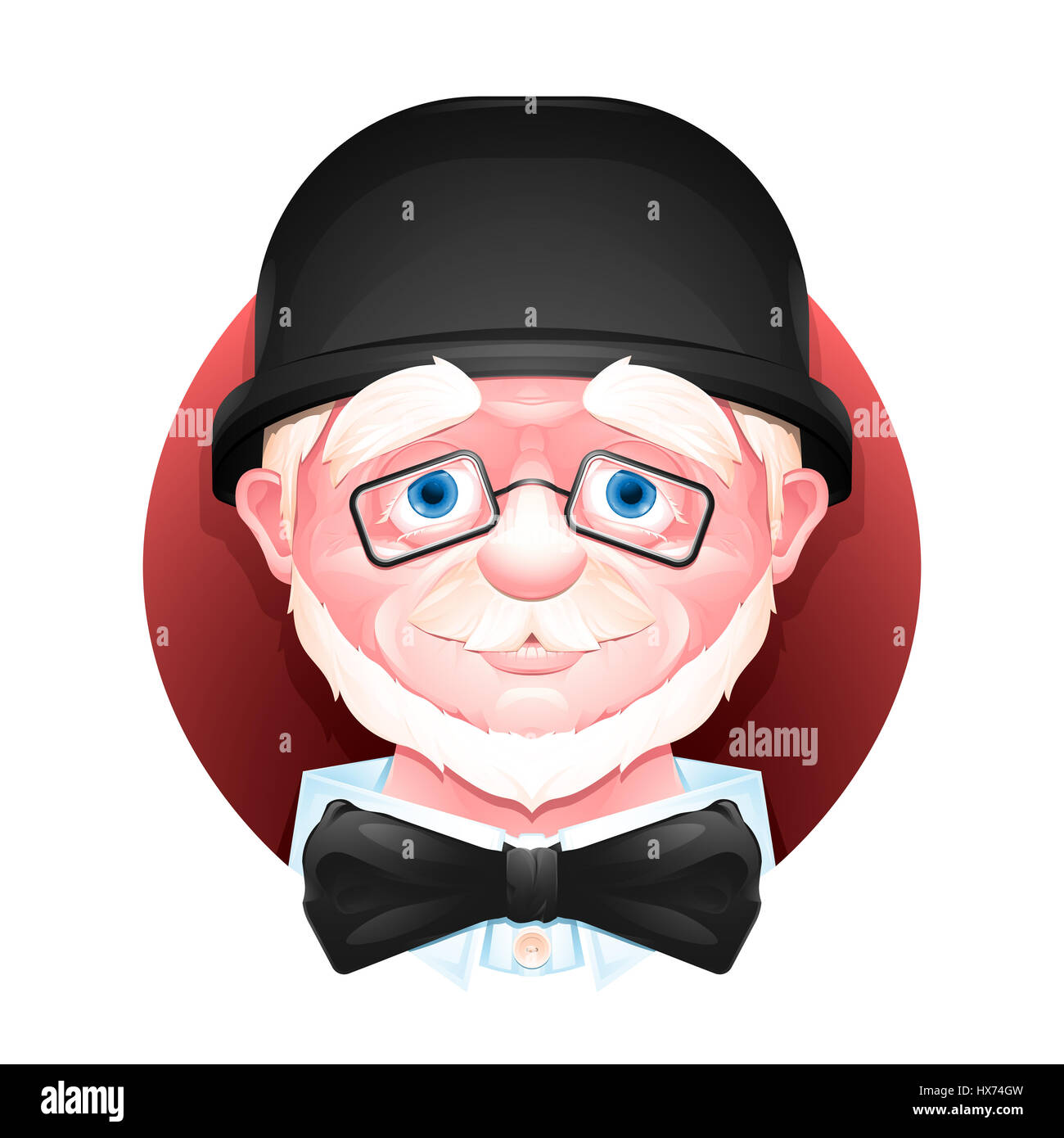 Close up portrait of a charming aged man in a bowler hat, bow tie and glasses. Stock Photo