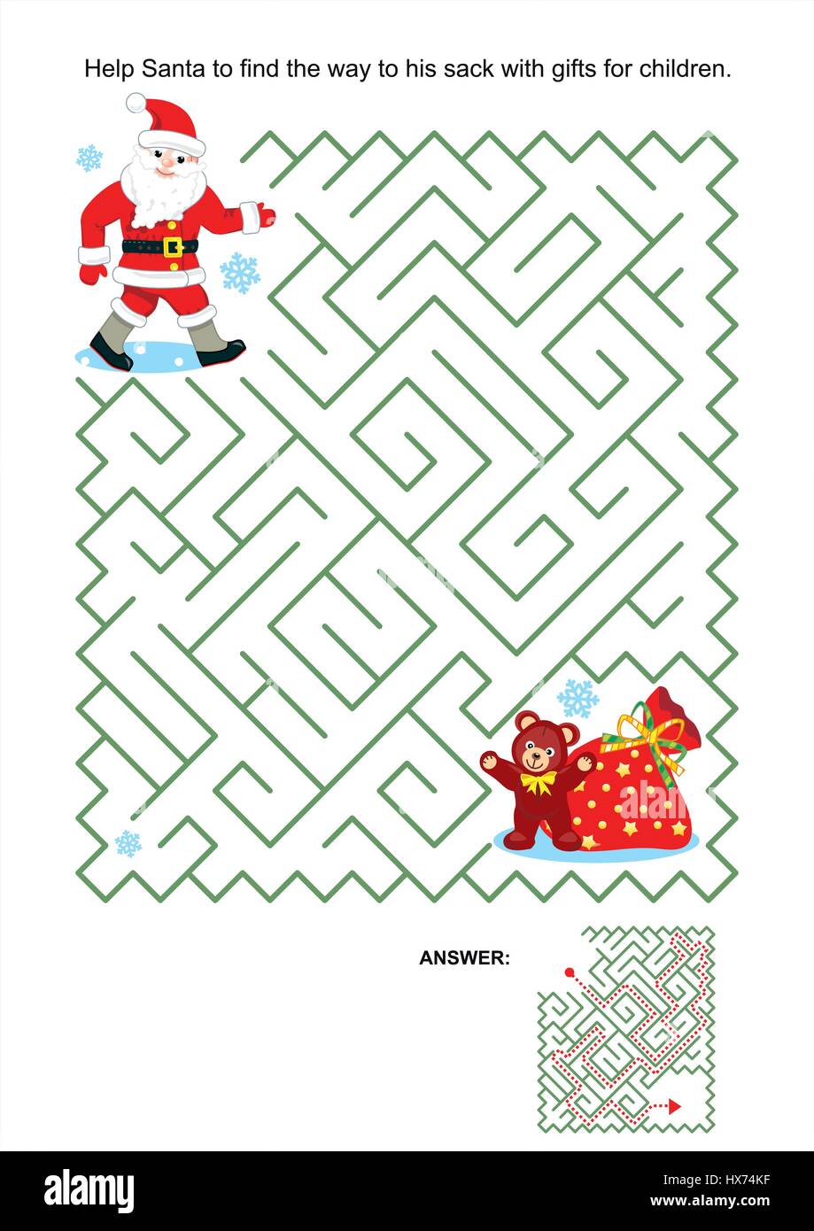 Maze game or activity page for kids: Help Santa to find the way to his sack with gifts for children. Answer included. Stock Vector