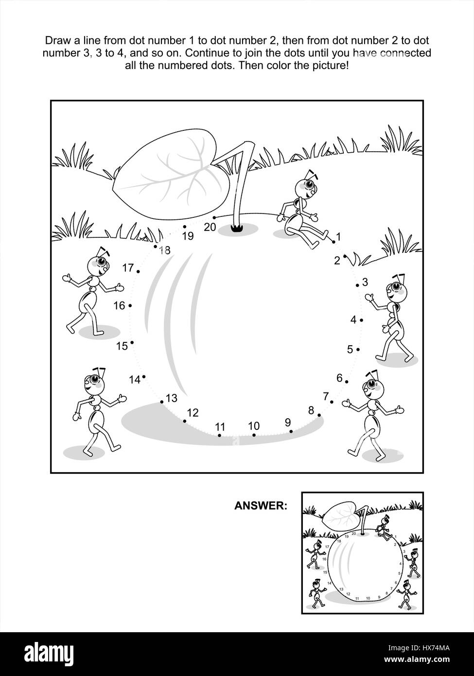 Connect the dots picture puzzle and coloring page - apple and ants. Answer included. Stock Vector