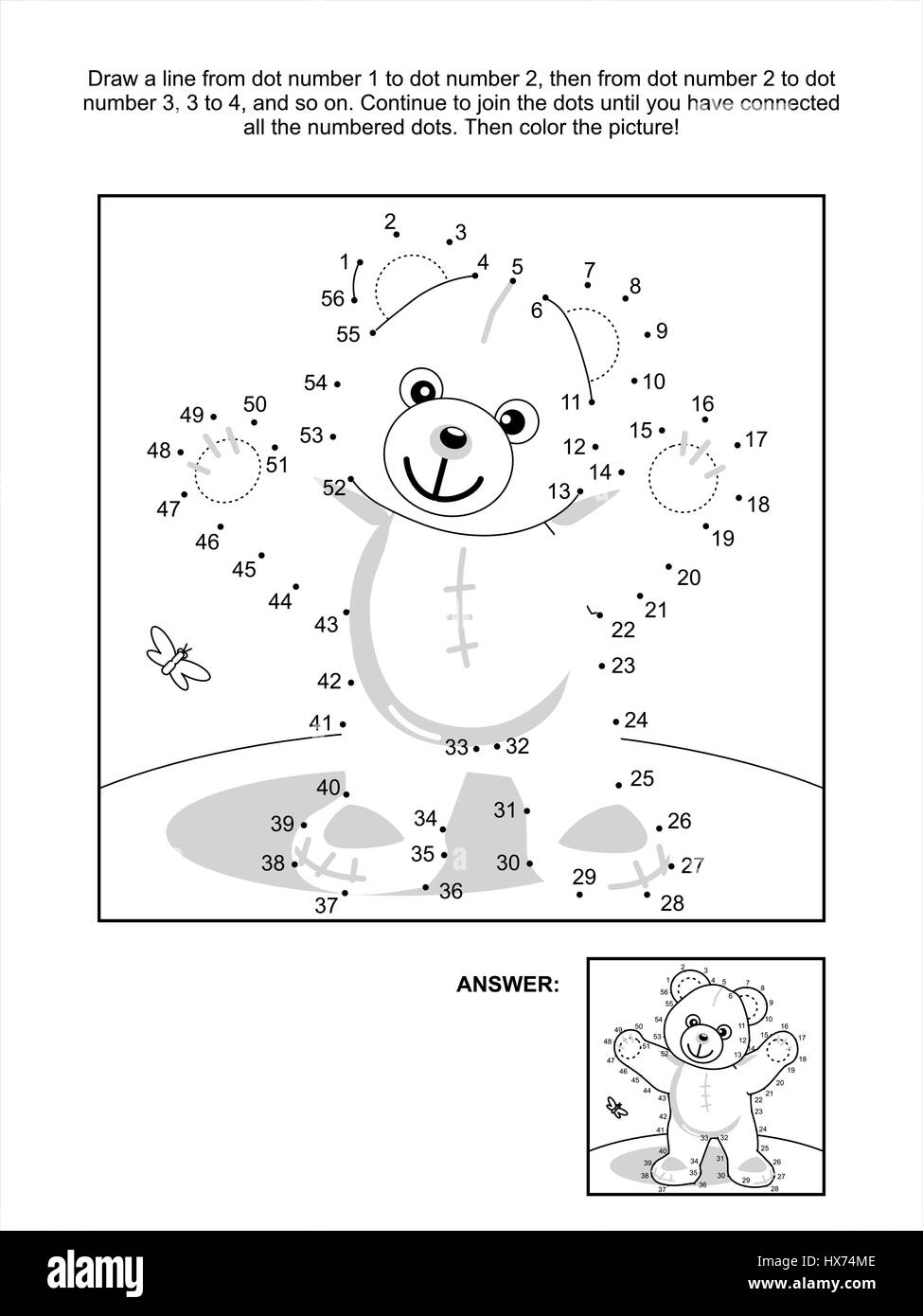 Connect the dots picture puzzle and coloring page - teddy bear. Answer included. Stock Vector