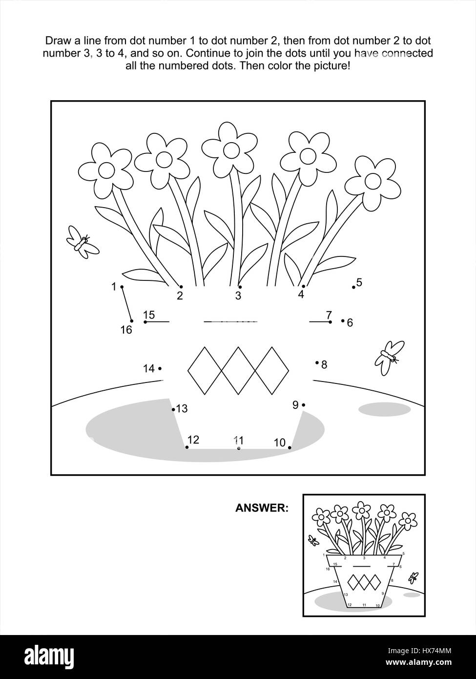 Connect the dots picture puzzle and coloring page - flower pot, flowers, butterflies. Answer included. Stock Vector