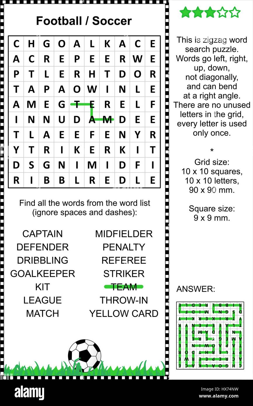 Football (soccer) themed word search puzzle (suitable both for kids and adults). Answer included