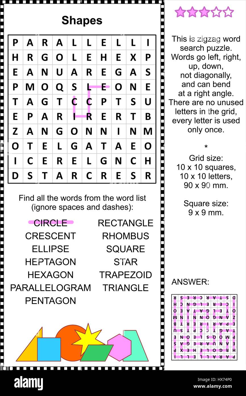 Shapes themed zigzag word search puzzle (suitable both for kids and