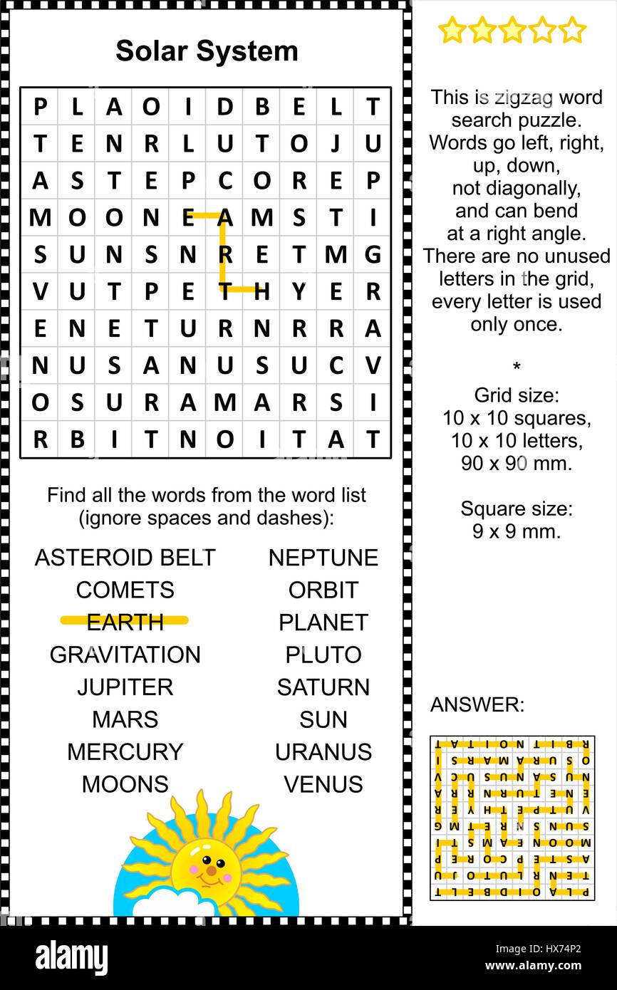 Solar system themed word search puzzle (suitable both for kids and adults). Answer included. Stock Vector