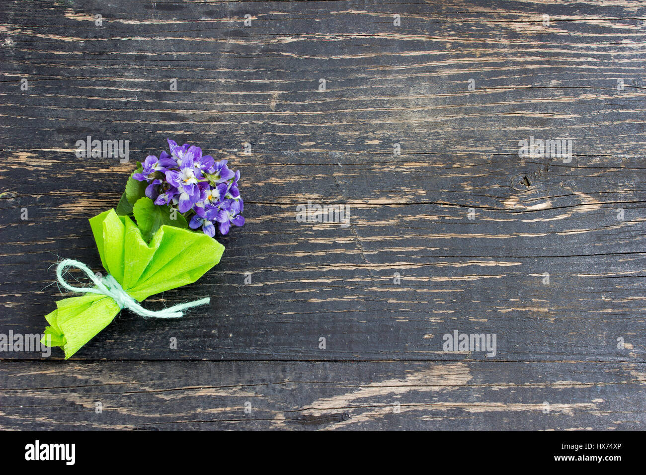 Bouquet of violets in the dark wooden surface Stock Photo