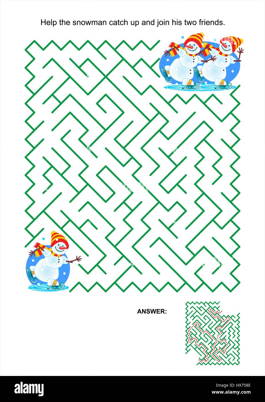 Maze game or activity page for kids: Help the snowman catch up and join his two friends. Answer included. Stock Vector