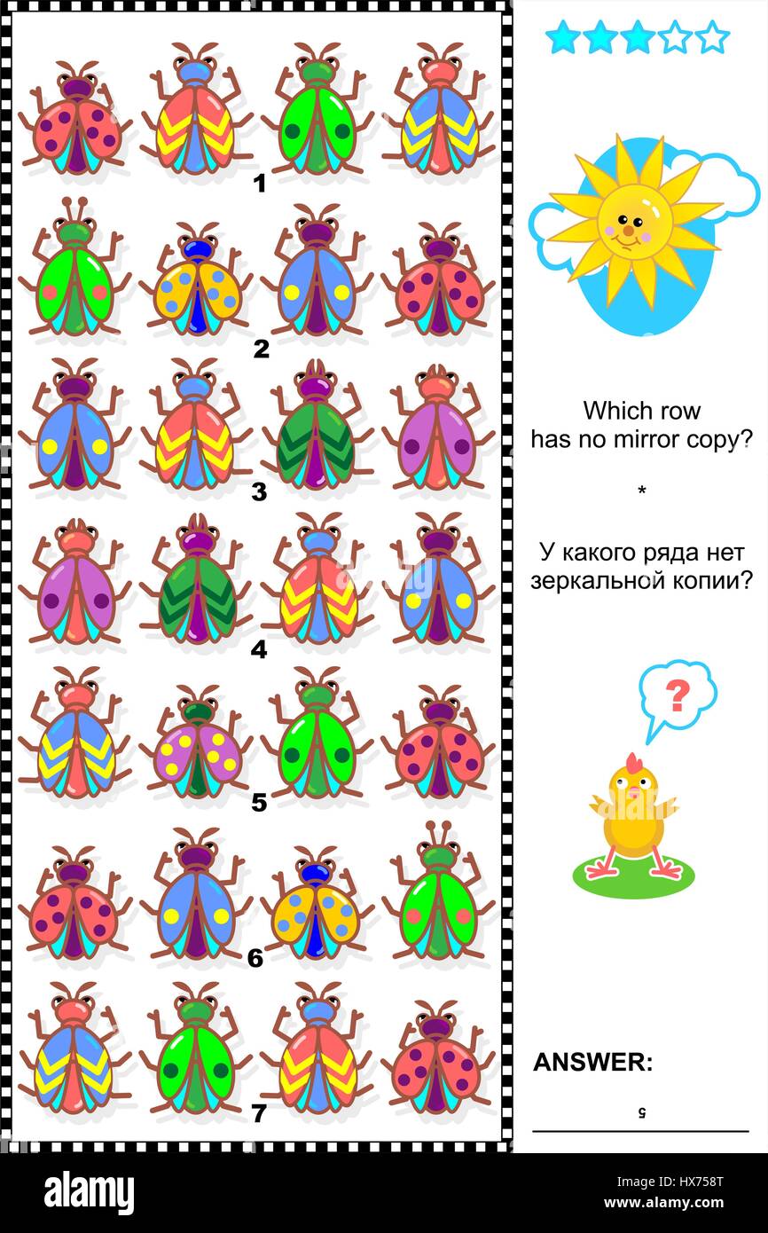 Visual logic puzzle: Which row of colorful bugs has no mirrored copy? Answer included. Stock Vector