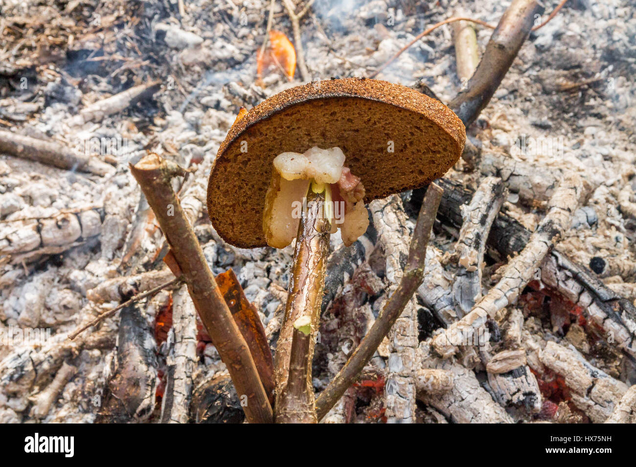 Cooking toast with bacon on the fire. Tourist preparing food Stock