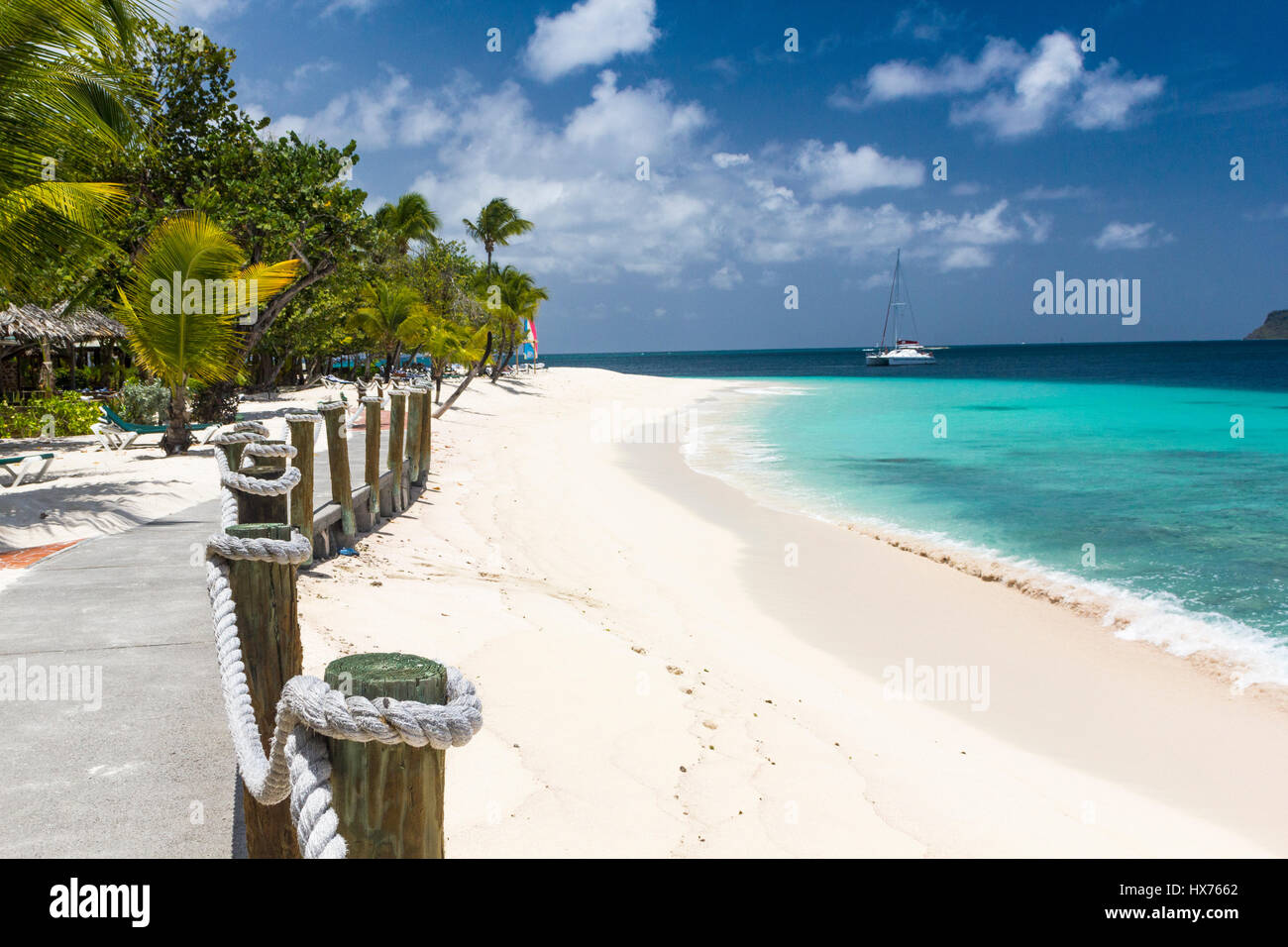 Palm Tree Fringe, with Beach and Caribbean Ocean View: Palm Island, Saint Vincent and the Grenadines, Stock Photo