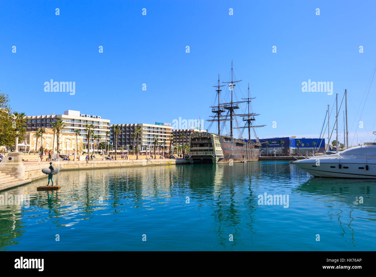 Alicante Harbour and Marina with the Replica of  Spanish  ship Santisima Trinidad, Alicante, Costa Blanca, Spain Stock Photo