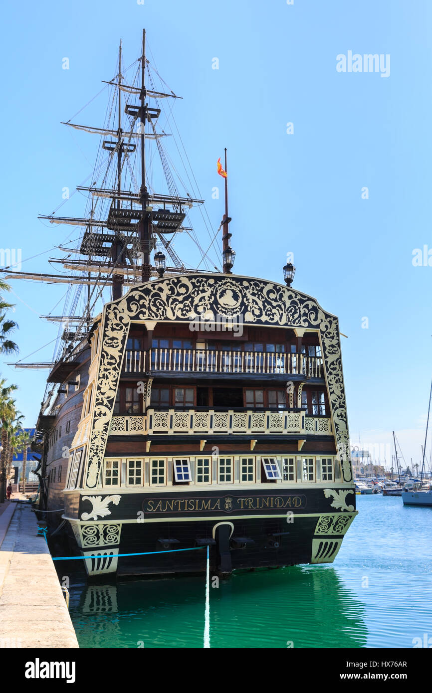 Replica of the Spanish three decker ship Santisima Trinidad, Alicante Harbour, Spain Stock Photo