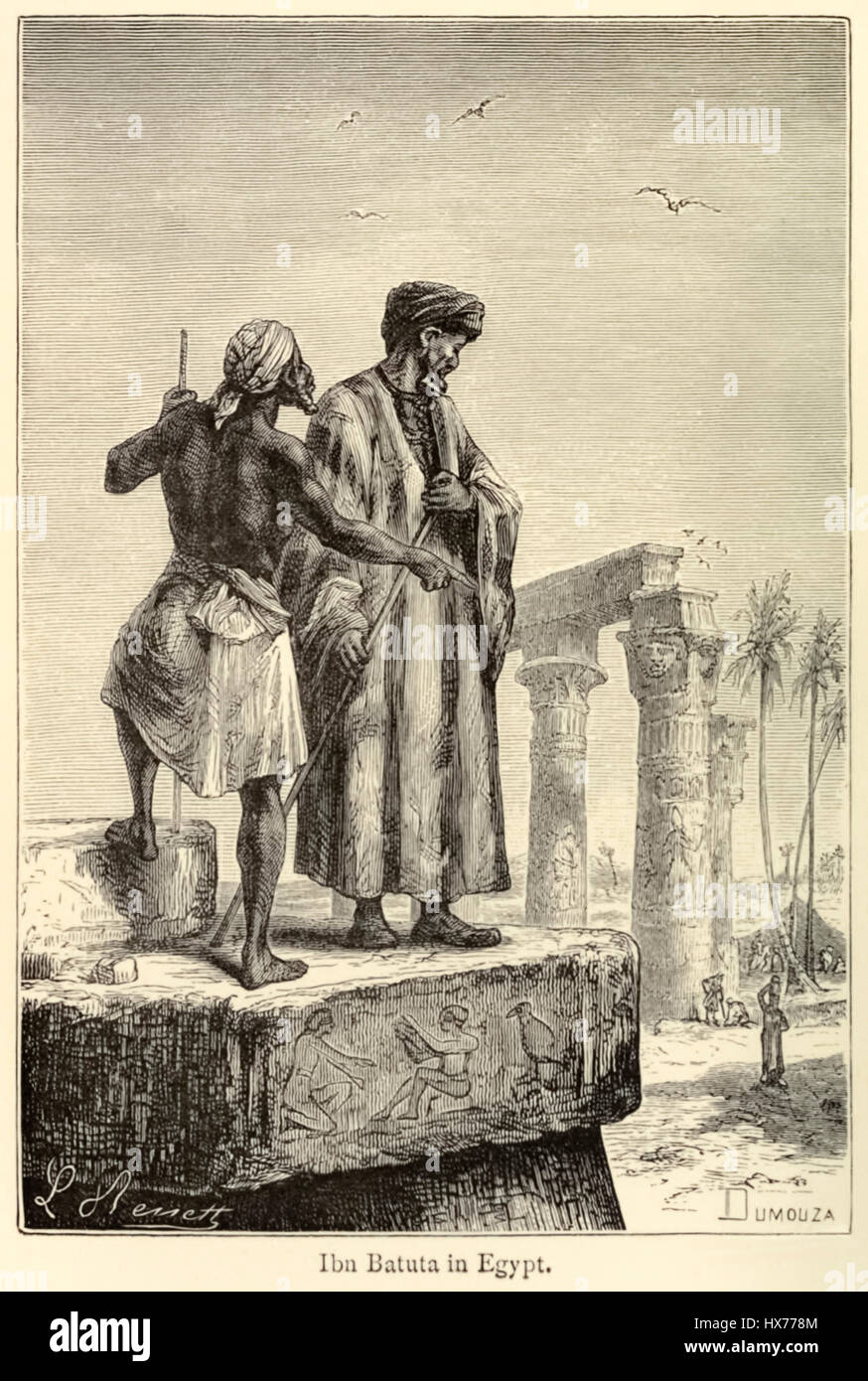 “Ibn Battuta in Egypt” medieval traveller Muhammad Ibn Battuta (1304-1369) visiting Egypt, he is known for his extensive journeys which he documented in his book ‘Rihla’. Illustration by Léon Benett (1839-1917) engraving by Dumouza published in 1879. Stock Photo