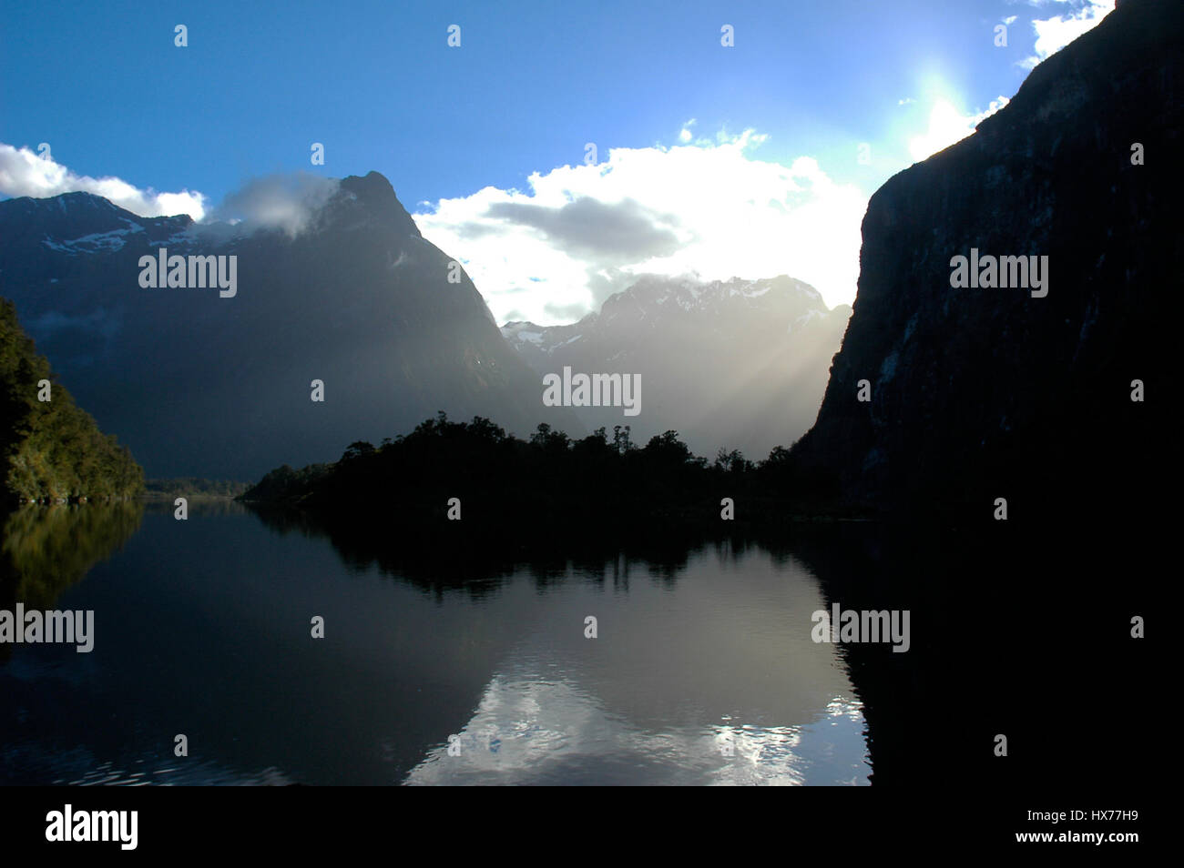 Beautiful morning view of the fjords in the Milford Sound. Stock Photo