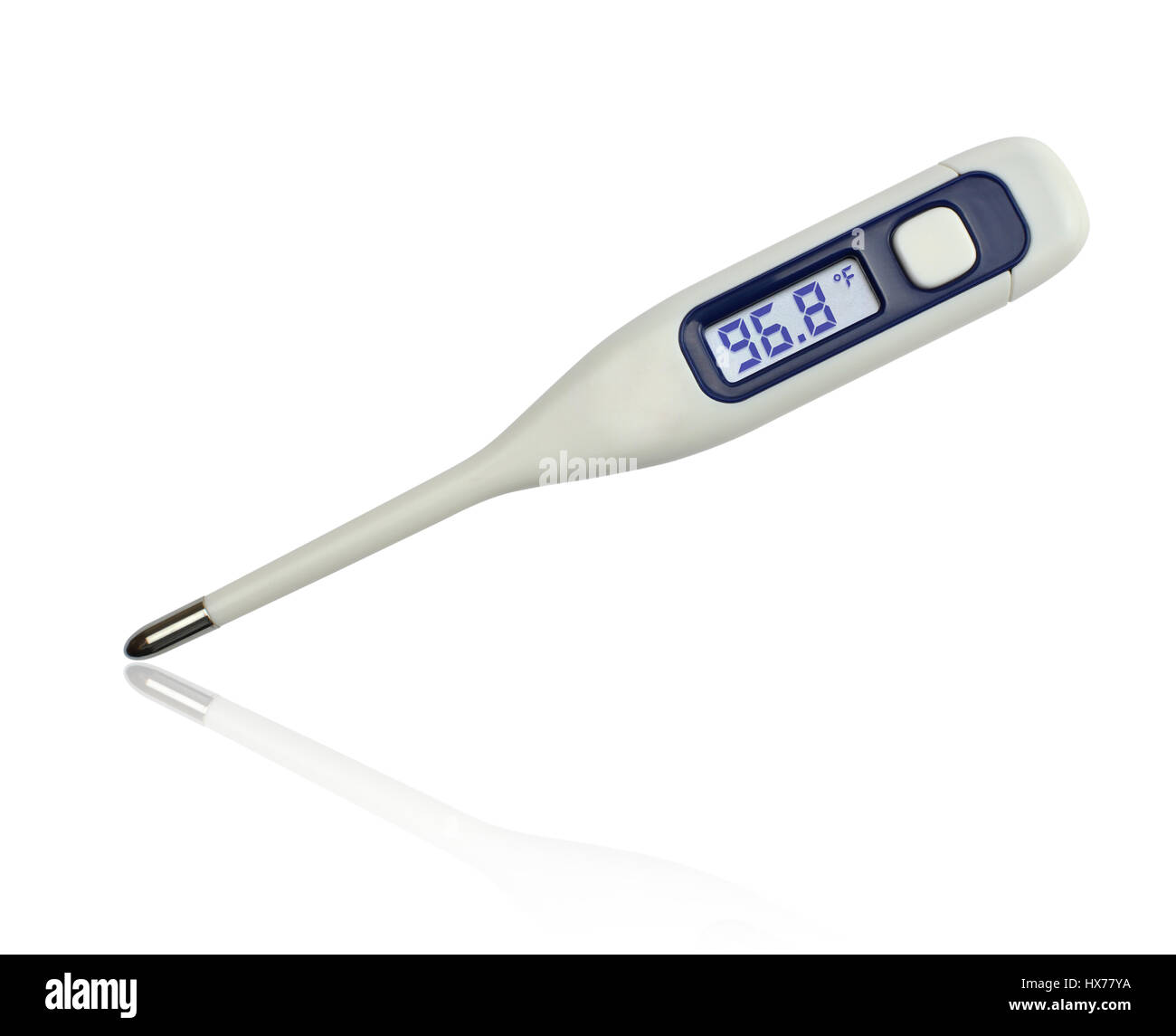 96.8 degrees Fahrenheit on clinical electronic thermometer on white