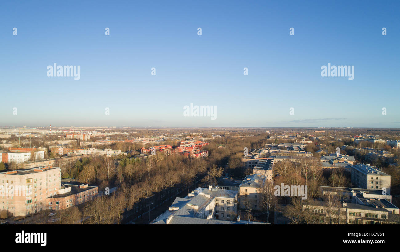 Aerial fly over spring Saint-Petersburg suburb Pushkin town view on ...