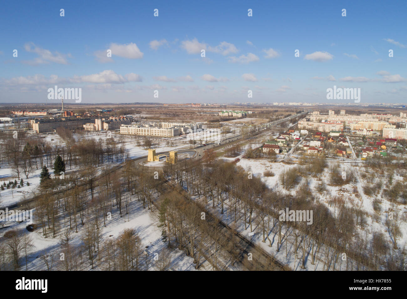 Aerial fly over spring Saint-Petersburg suburb Pushkin town view on ...