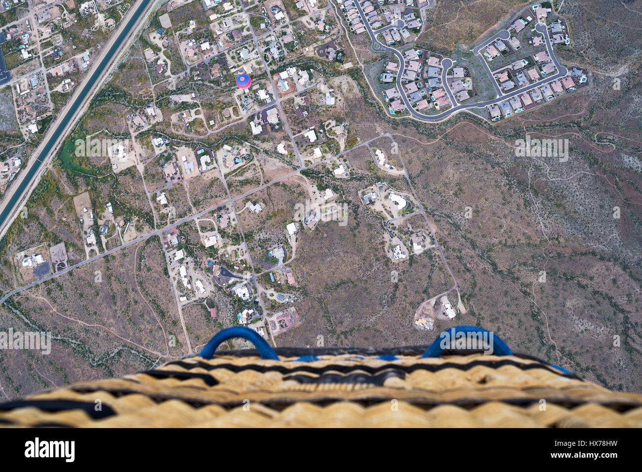 Scenic view looking down from a hot air balloon in flight over Phoenix, Arizona Stock Photo