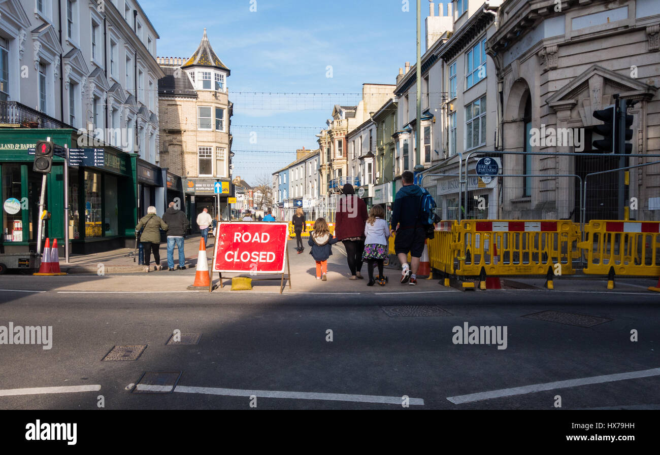 Teignmouth town centre in the early evening with the main street closed down for road working. Stock Photo