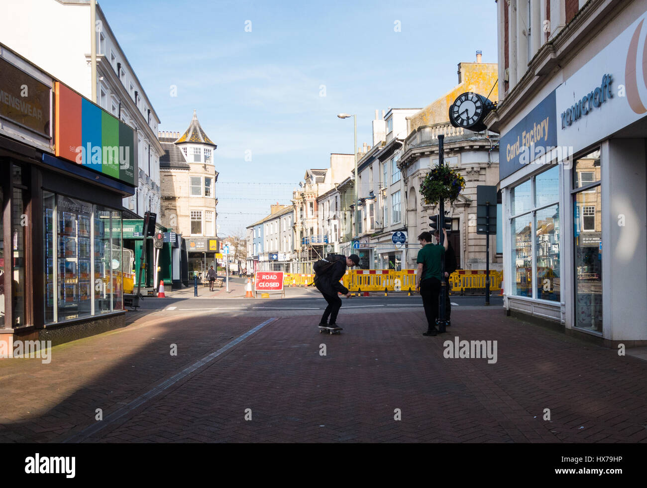 Teignmouth town centre in the early evening with the main street closed