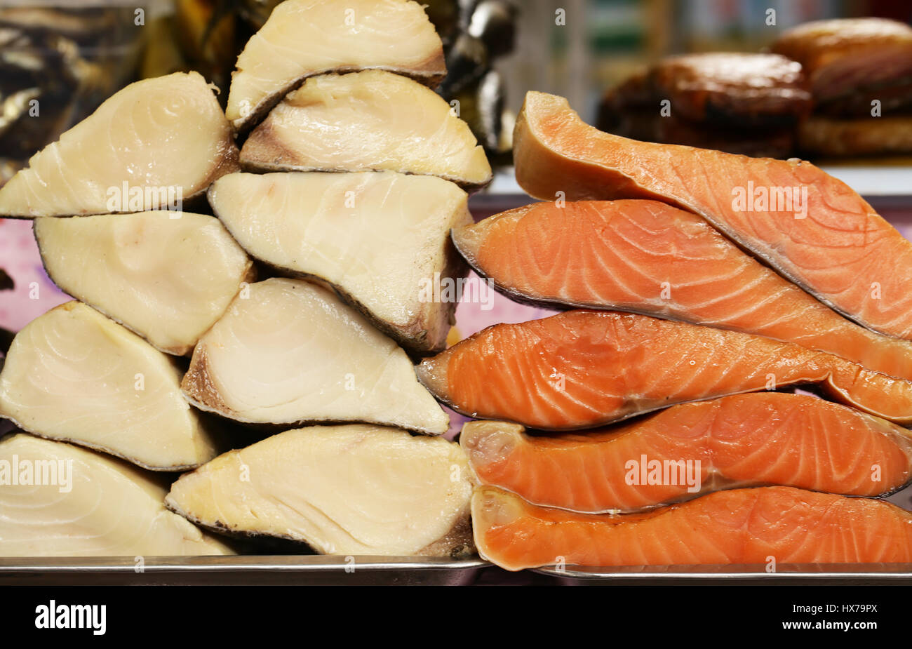 Farmer's market assortment fish salted and smoked red and white (salmon, balyk Stock Photo Alamy