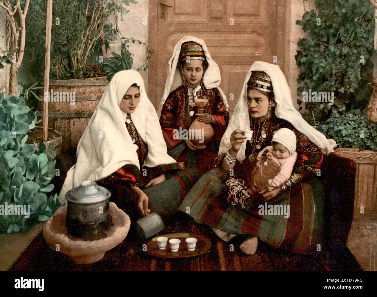 Group of women of Bethlehem, Holy Land, (i.e., West Bank), circa 1900 Stock Photo