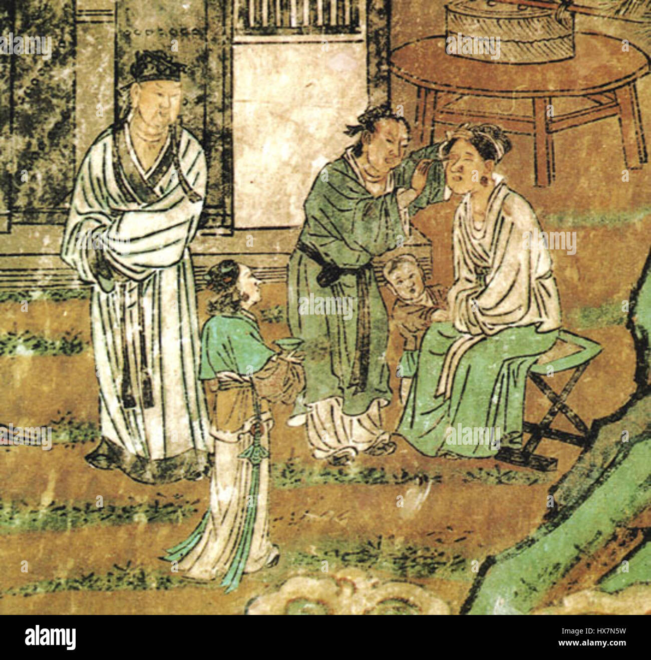 The 'Yuan Daoist Temple Mural' is a significant example of Yuan Dynasty Chinese art, depicting scenes from Daoist spirituality and philosophy. The mural reflects traditional Chinese beliefs and the importance of spirituality in art. Stock Photo