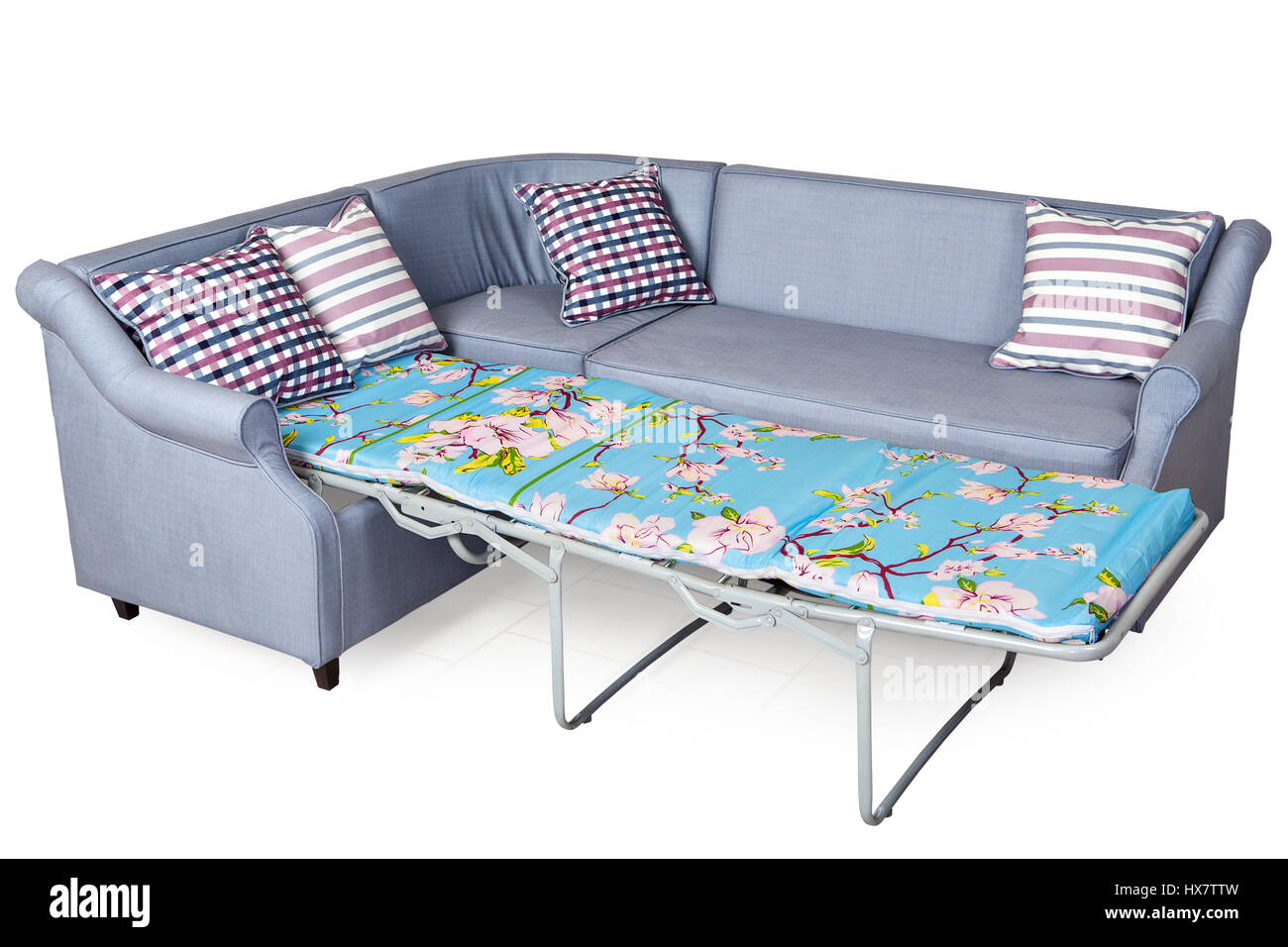Light gray corner foldout upholstered in fabric sofa bed, isolated on