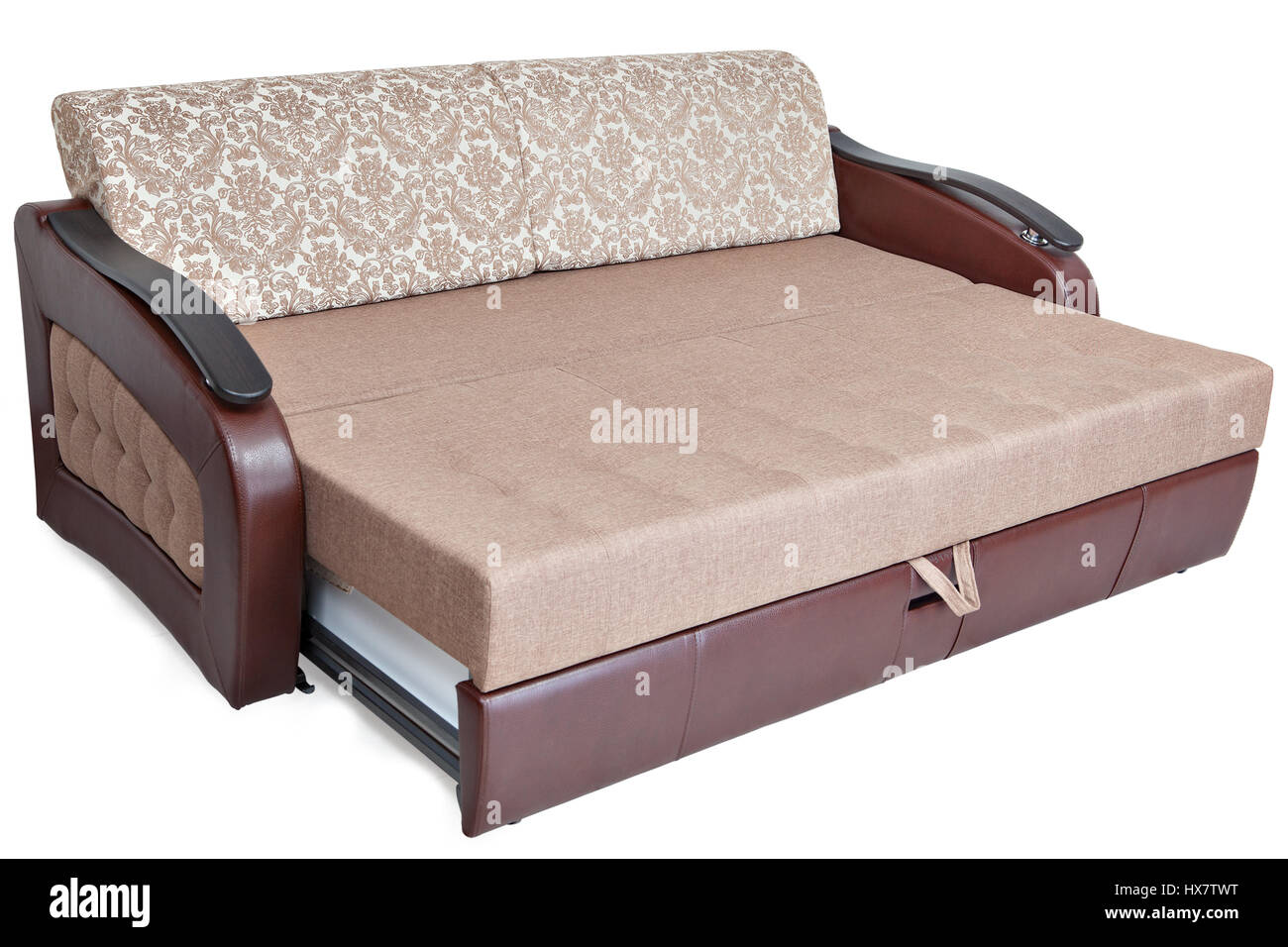 Queensize pull out sofabed light brown fabric and storage space