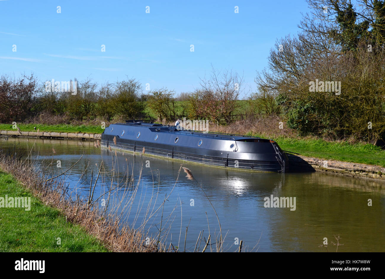 Grey futuristic canal boat on Grand Union Canal, Aston Clinton Stock Photo